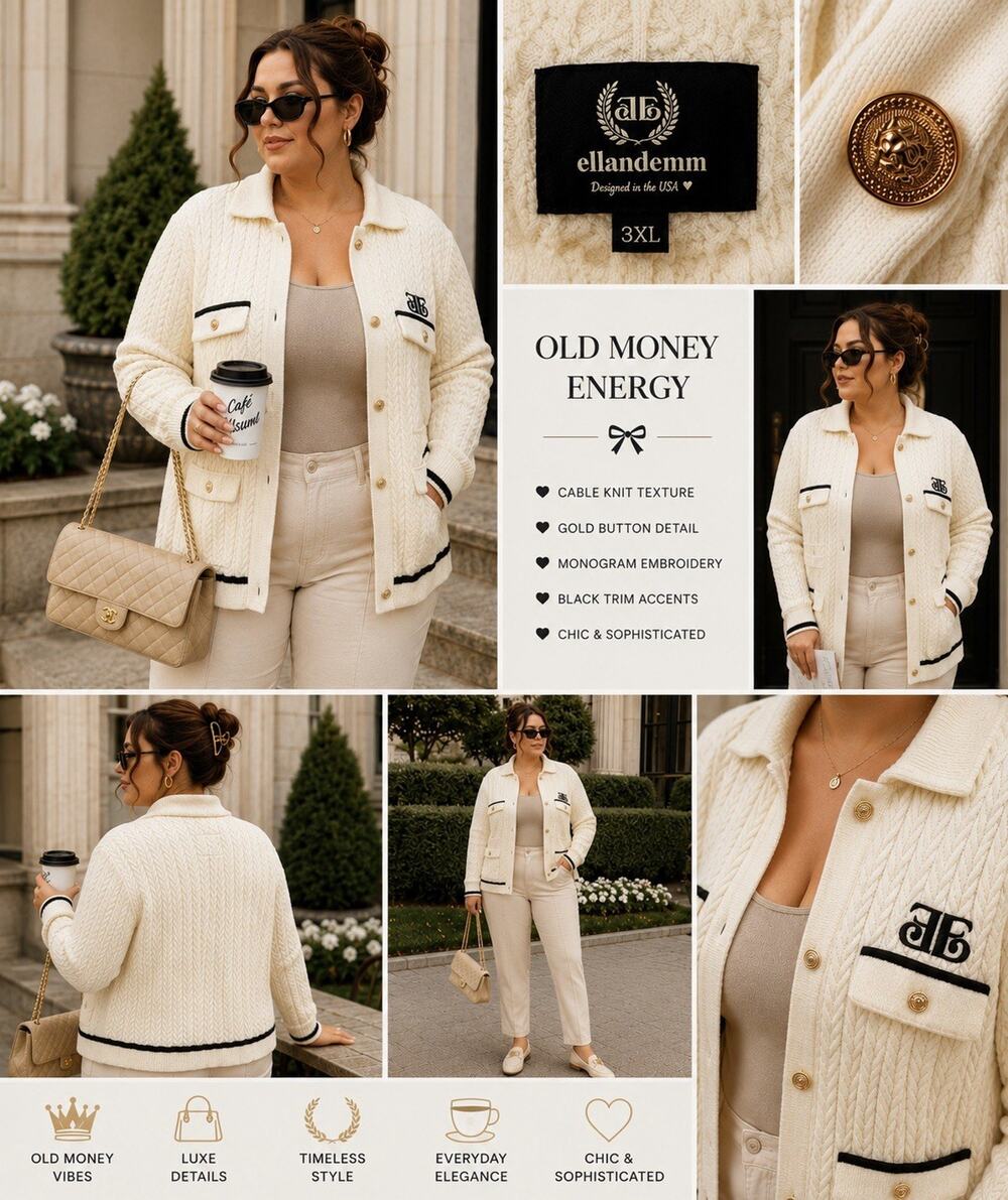 EllandEmm Coco Knit Cardigan Jacket 3XL PREPPY OLD MONEY IVORY BLK